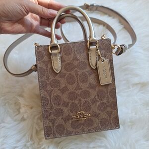 NEW COACH Mini Tote Bag In Signature Canvas Gold